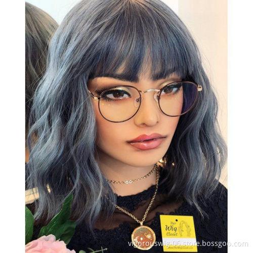 Vigorous Natural Wave Wig with Bangs Blue or Black Long Wavy Synthetic Wigs for Women Heat Resistant Fiber Hair